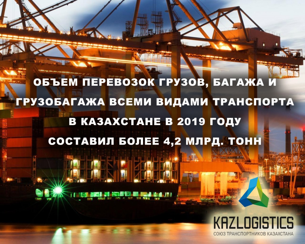 Объем перевозок грузов, багажа и грузобагажа всеми видами транспорта в Казахстане в 2019 году составил более 4,2 млрд. тонн